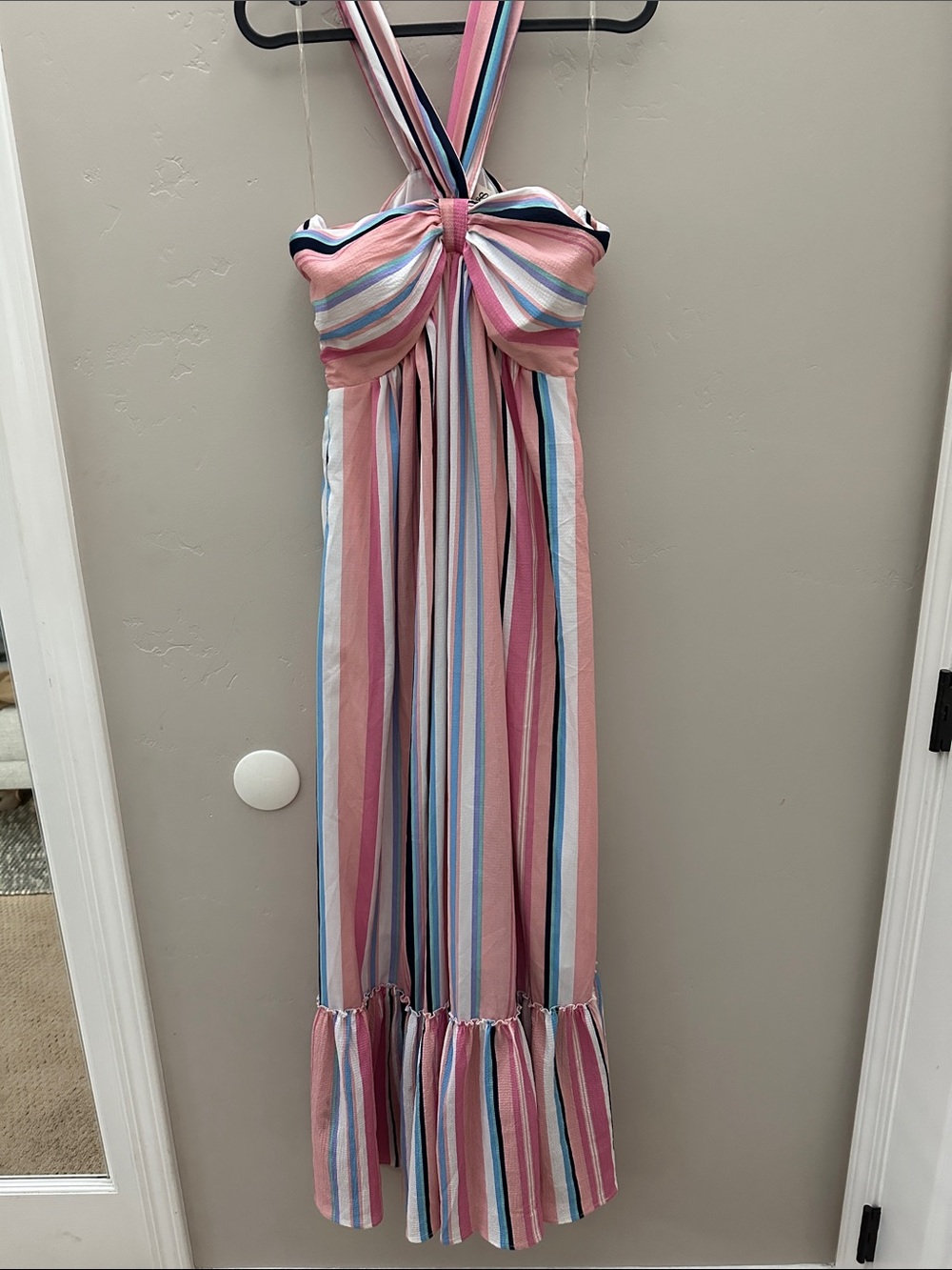 Listicle Pastel Striped Halter Dress with Navy Accent
